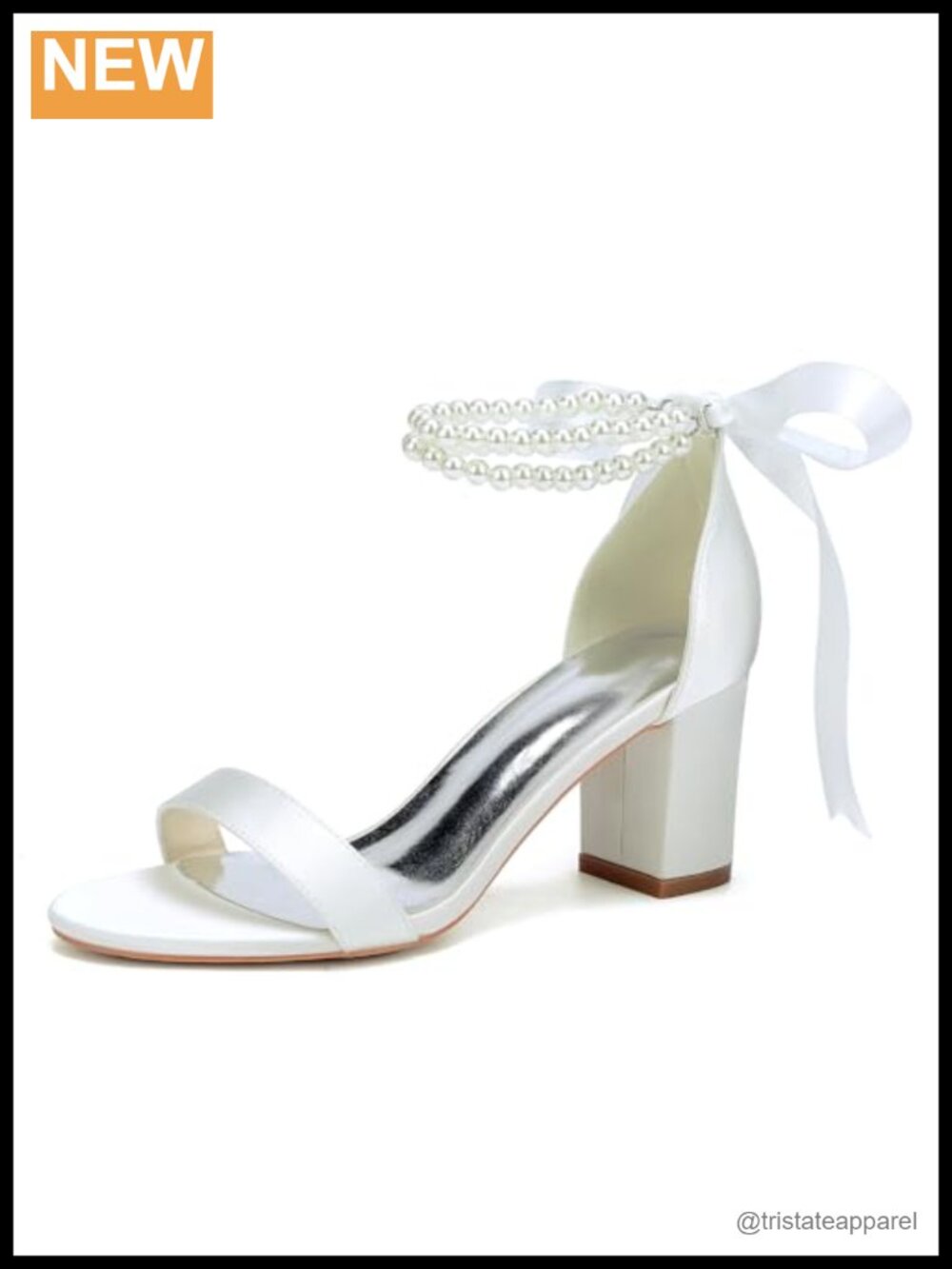 Pearl Open Toe Satin Block Heel Ankle Strap Wedding Sandals